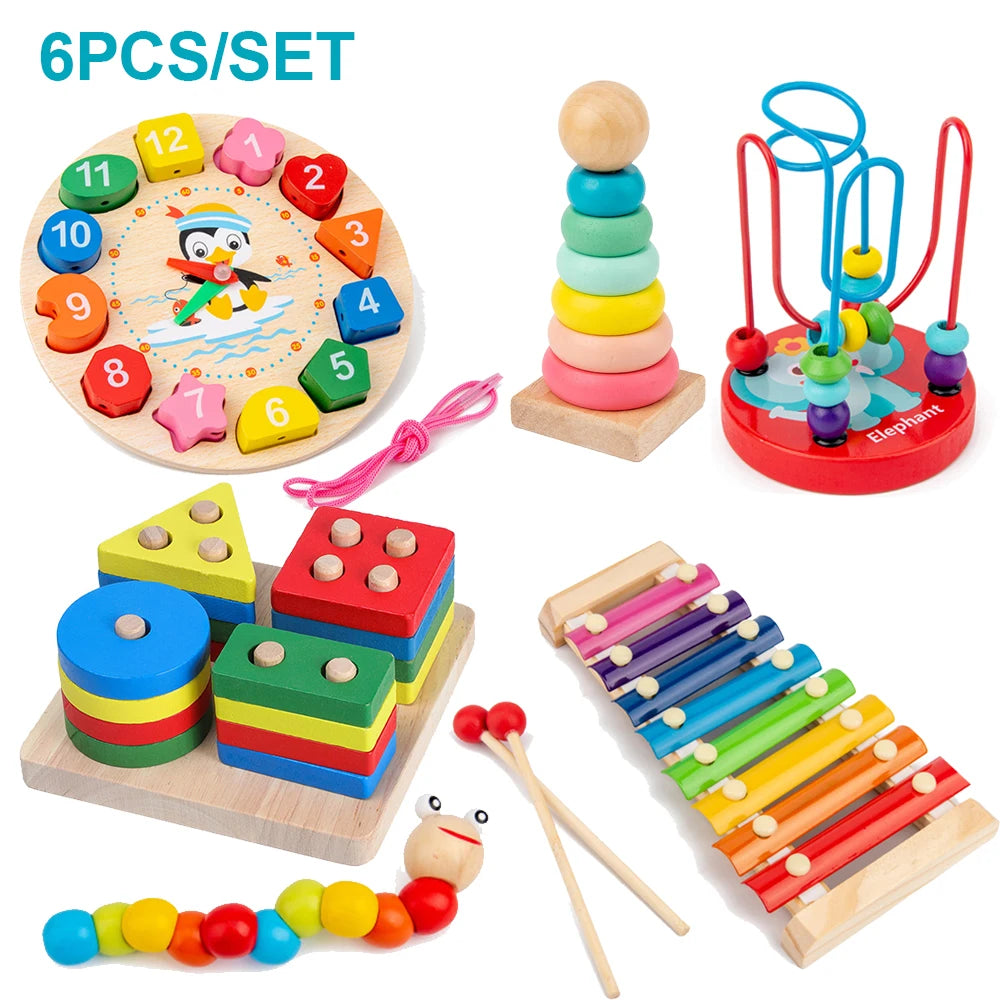 1set 6pcs Color Montessori Wooden Toddler Toy Set – 6 Educational Games