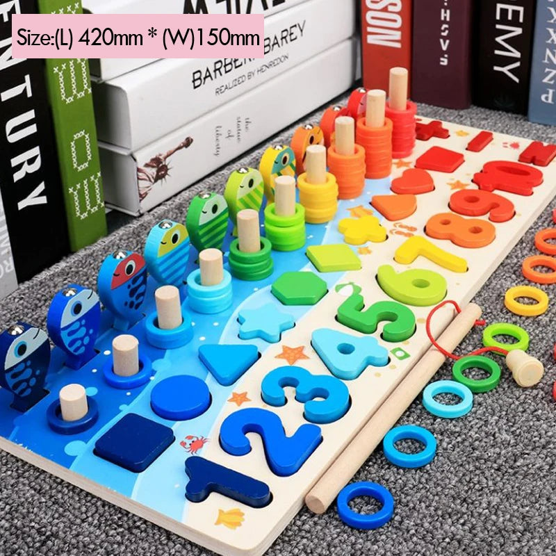 L-Shape Number Color Montessori Wooden Math Fishing Puzzle Board For Kids