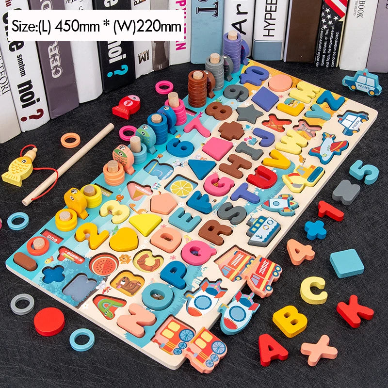 X-Car Letter Color Montessori Wooden Math Fishing Puzzle Board For Kids