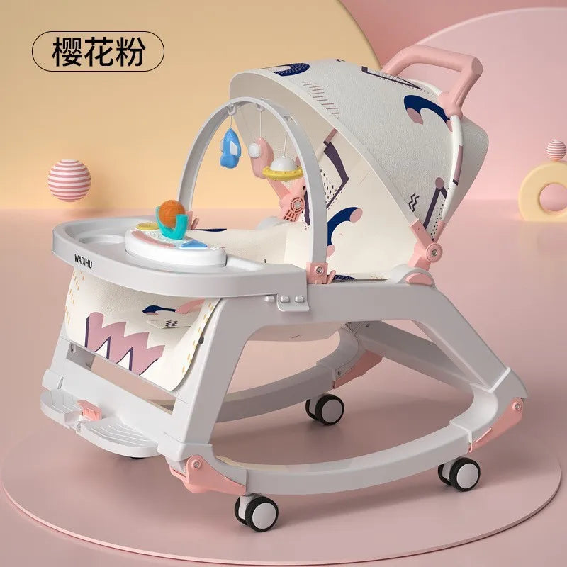 Pink Color Foldable Baby Rocking Cradle Trolley With Soothing Seat