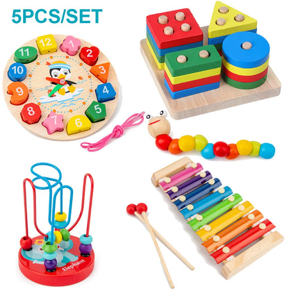 1set 5pcs Color Montessori Wooden Toddler Toy Set – 6 Educational Games